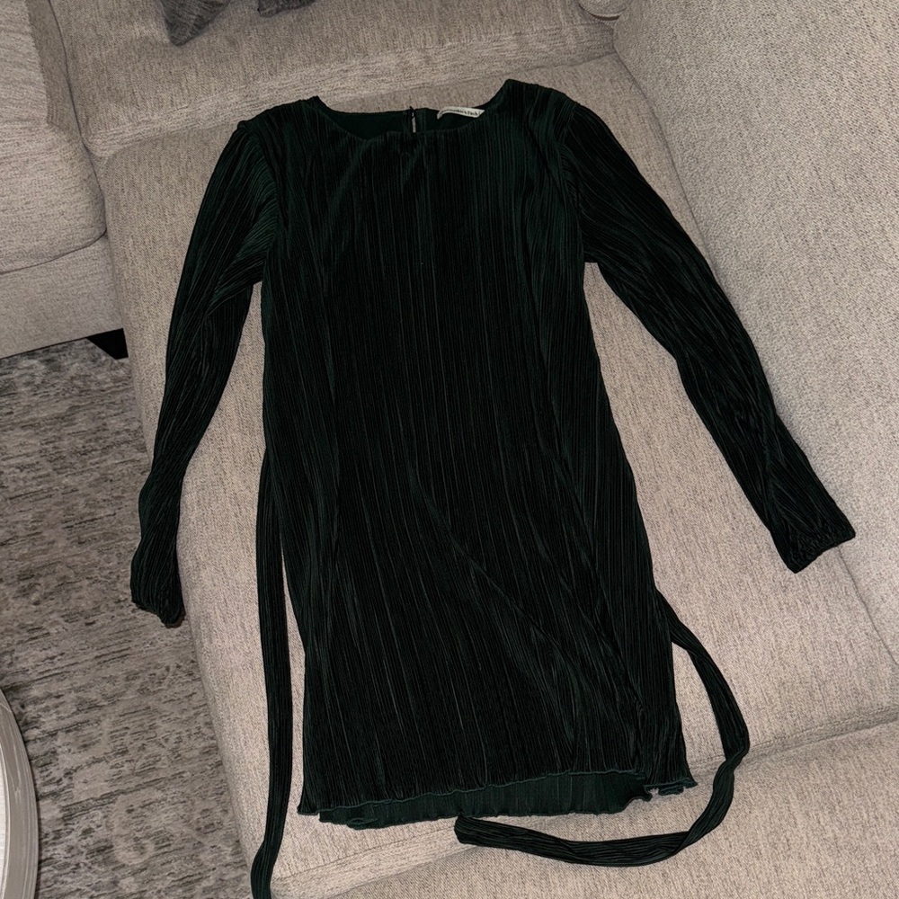 Dark green pleated velvet dress with tie